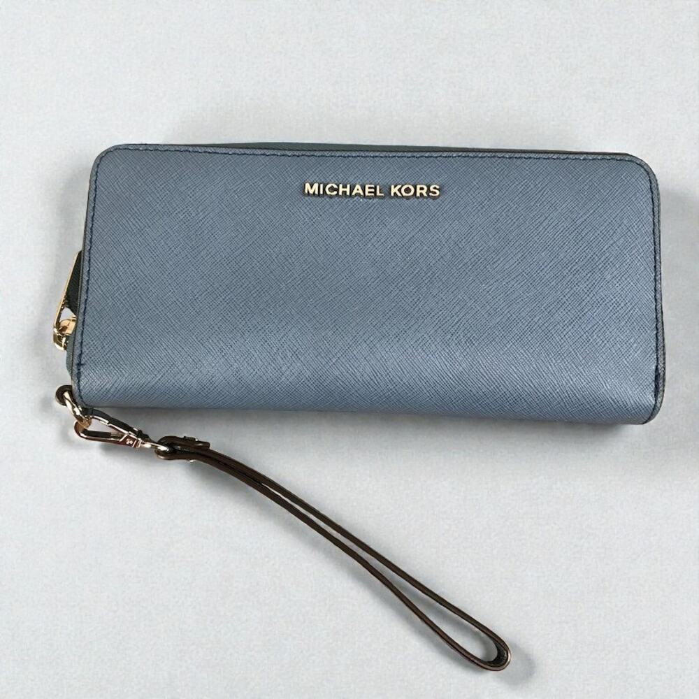 MICHAEL KORS Jet Set Travel Leather Wallet Wristlet Zip Around Card Holder Blue - Picture 2 of 11